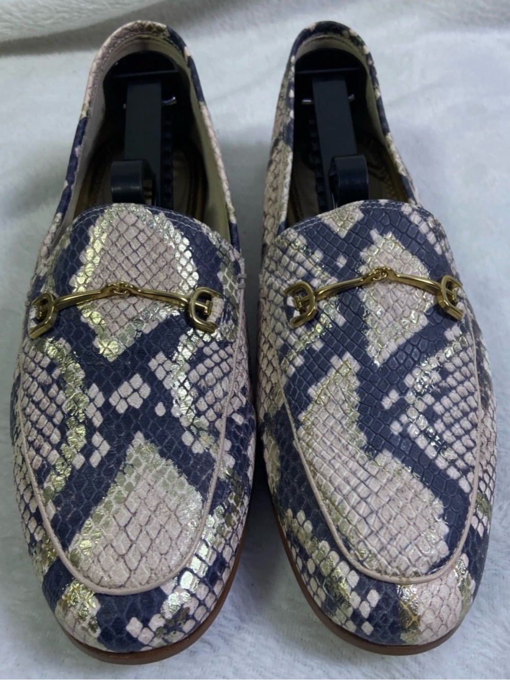 Sam Edelman Navy & Cream Snake-Print Loafers with Gold Bit